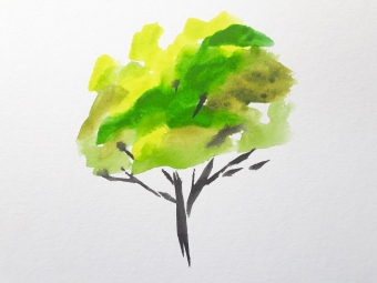 A lightly painted small watercolour tree in lemon, olive green and grass green